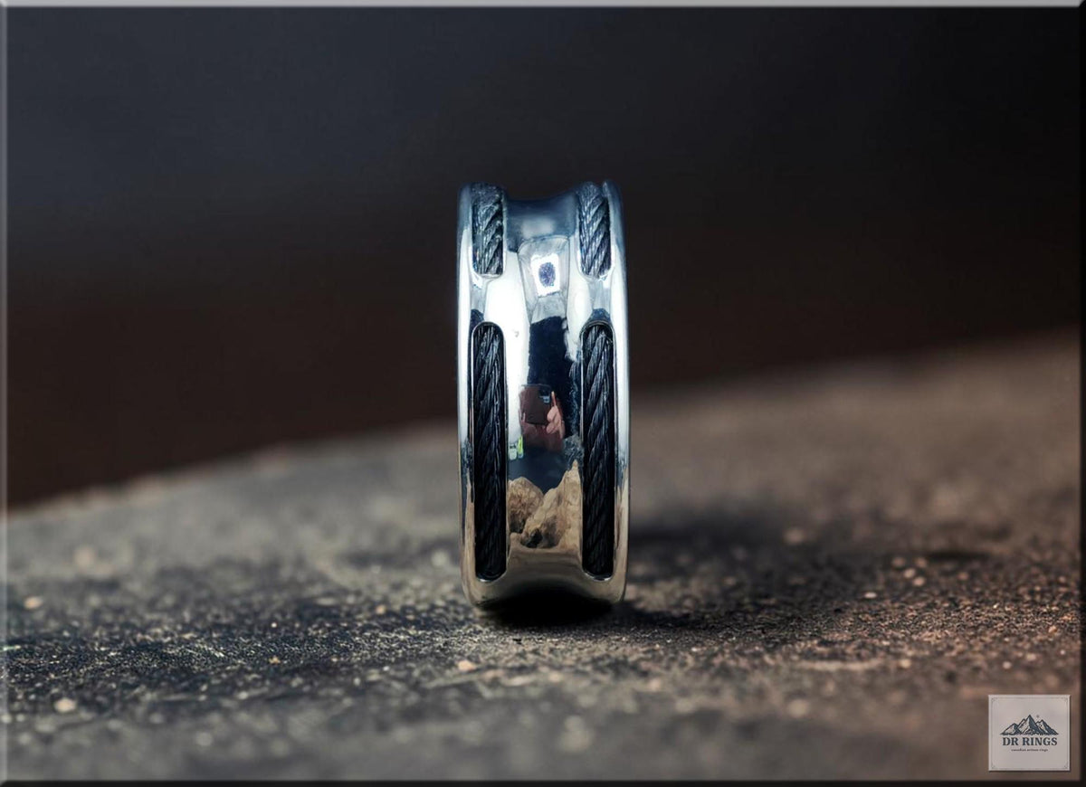 Concave Stainless Steel Ring with Black Stainless Steel Cable Inlays