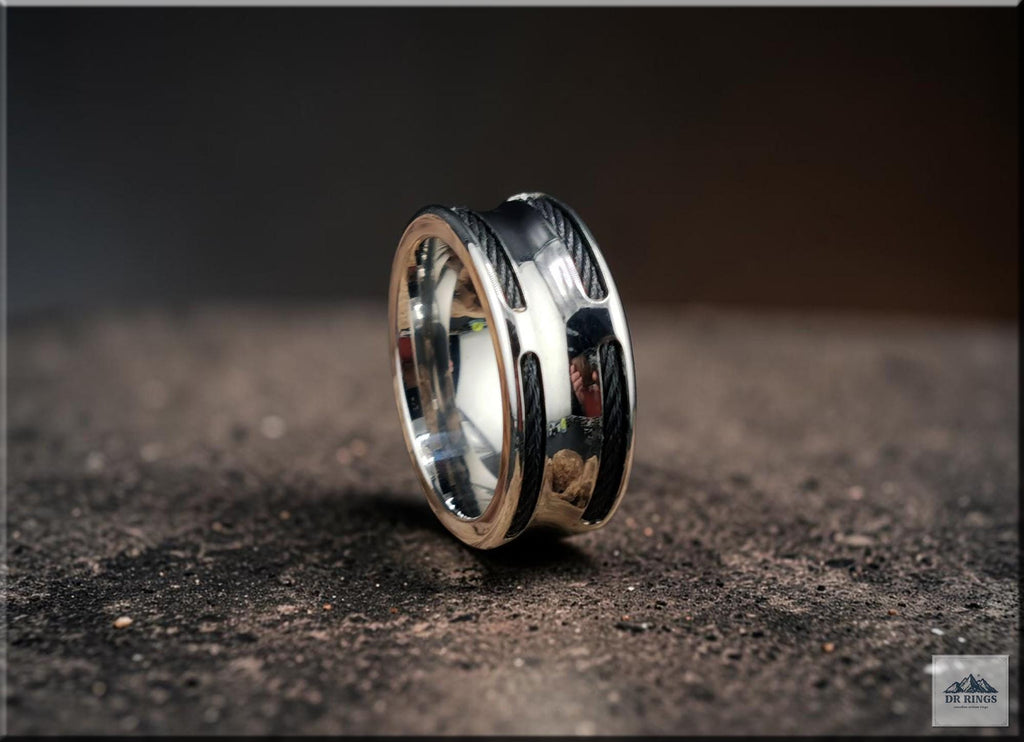 Concave Stainless Steel Ring with Black Stainless Steel Cable Inlays