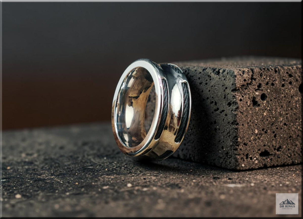 Concave Stainless Steel Ring with Black Stainless Steel Cable Inlays