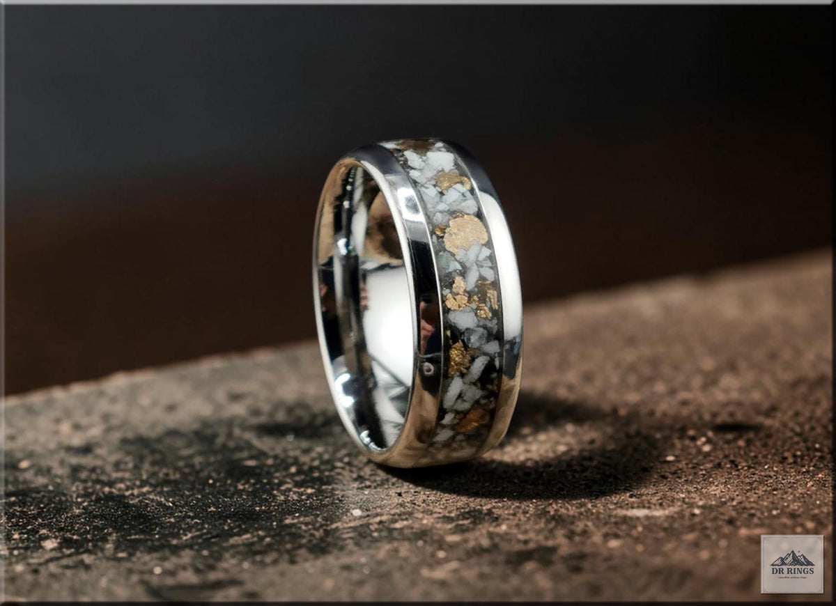 Tungsten Carbide Ring with White Buffalo Turquoise and Bronze inlay, domed edge