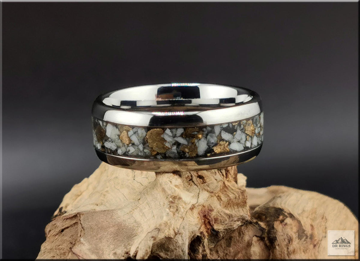 Tungsten Carbide Ring with White Buffalo Turquoise and Bronze inlay, domed edge