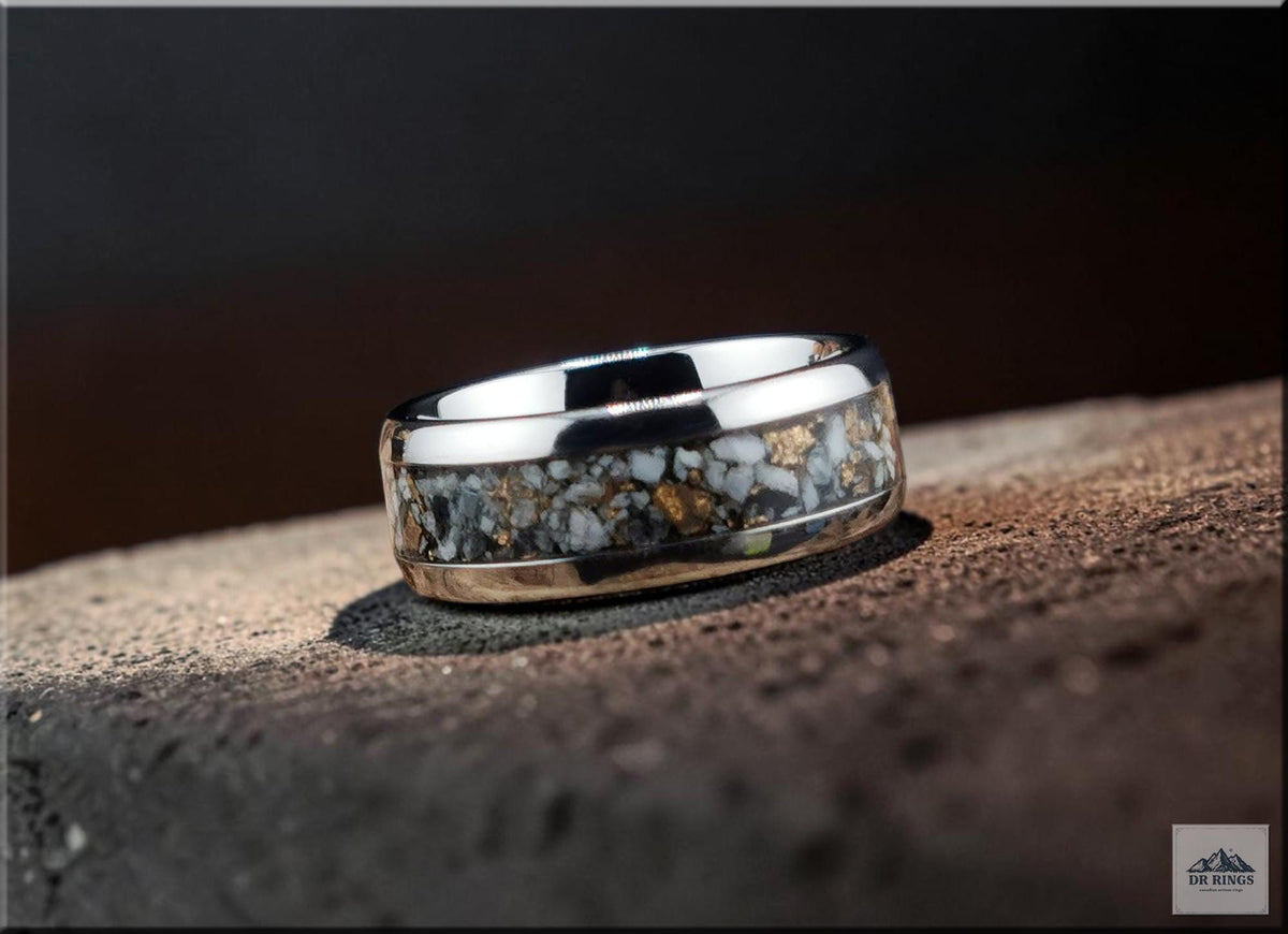 Tungsten Carbide Ring with White Buffalo Turquoise and Bronze inlay, domed edge
