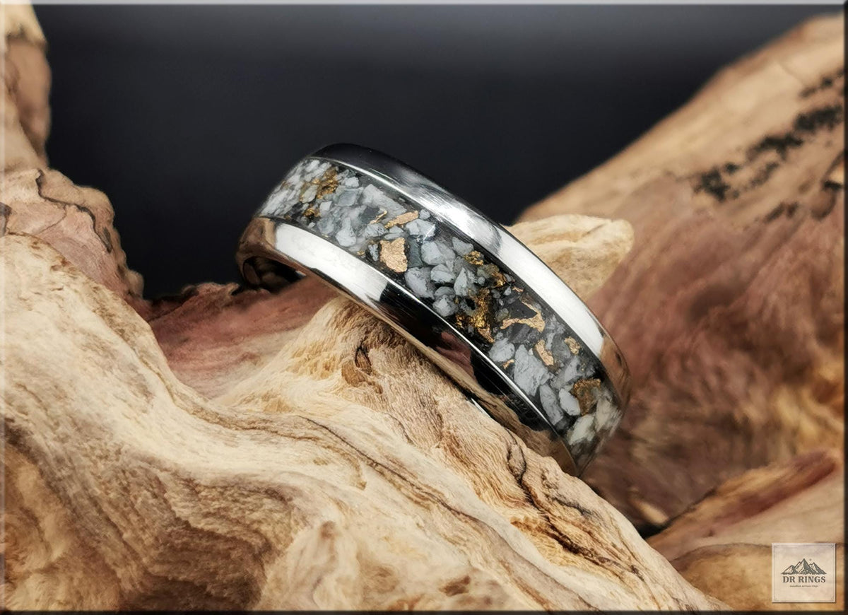 Tungsten Carbide Ring with White Buffalo Turquoise and Bronze inlay, domed edge