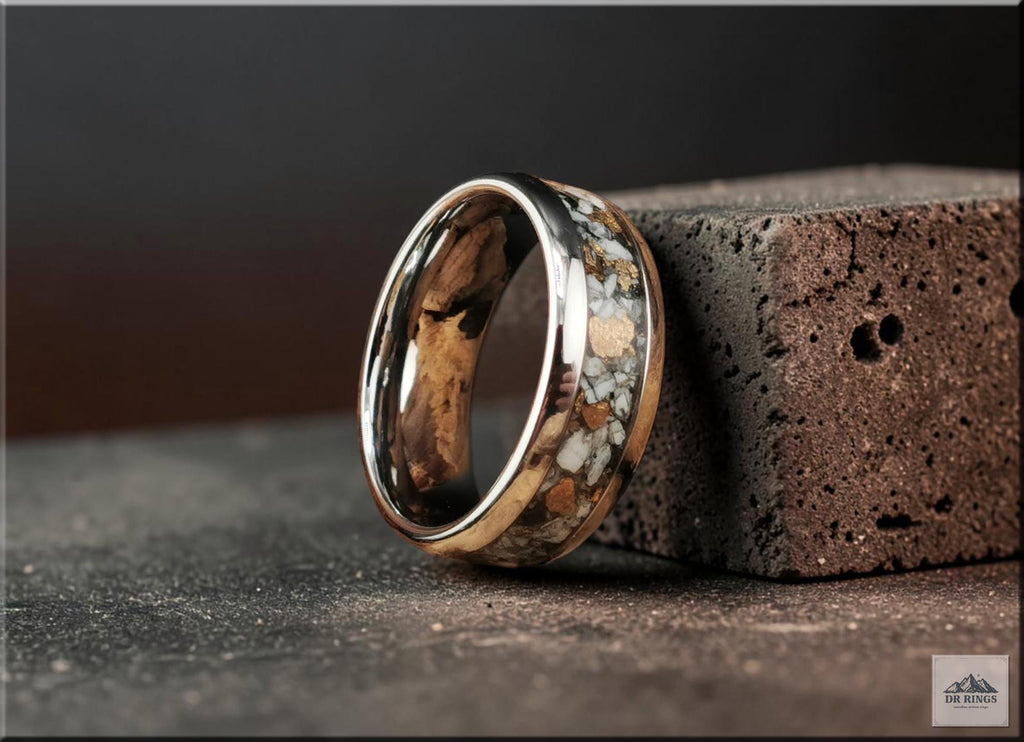 Tungsten Carbide Ring with White Buffalo Turquoise and Bronze inlay, domed edge