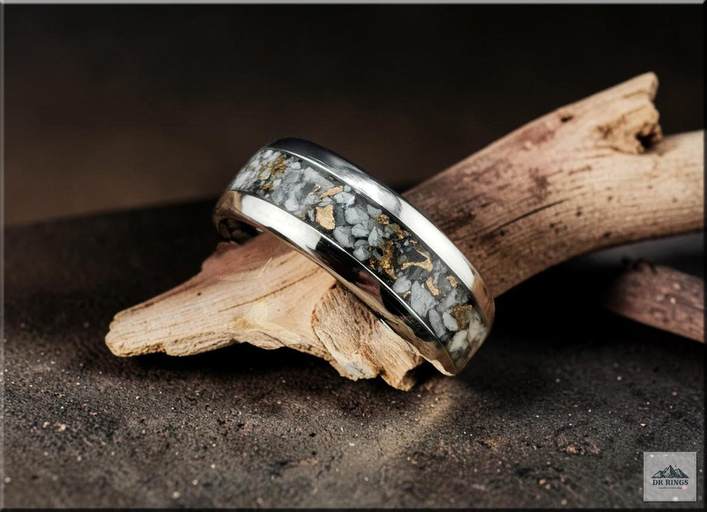 Tungsten Carbide Ring with White Buffalo Turquoise and Bronze inlay, domed edge