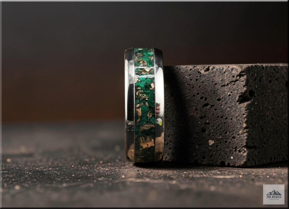 Tungsten Carbide Ring with Malachite and Bronze inlay, domed edge