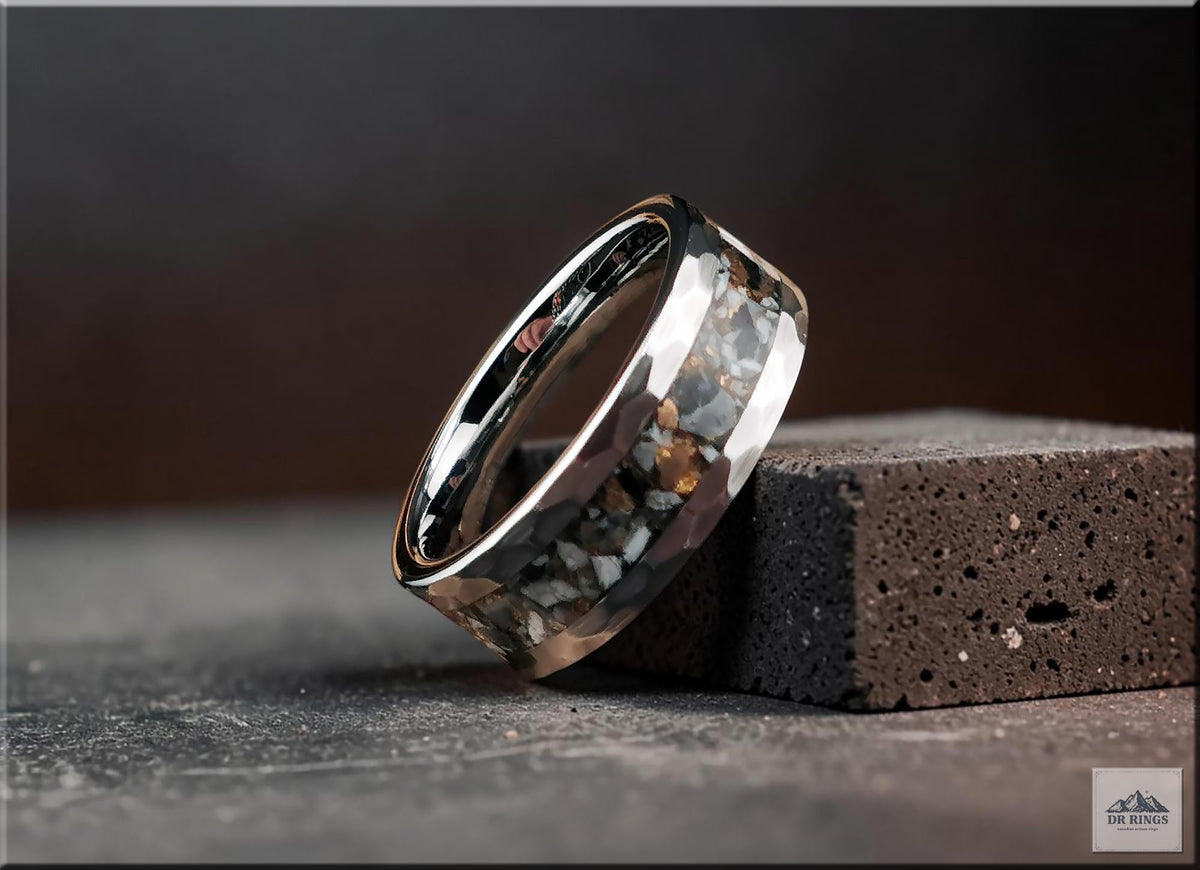 Hammered Tungsten Carbide Ring with White Buffalo Turquoise and Bronze inlay