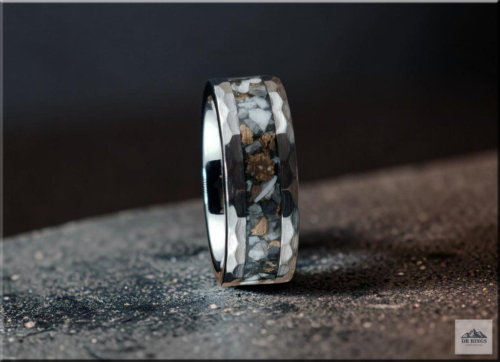 Hammered Tungsten Carbide Ring with White Buffalo Turquoise and Bronze inlay