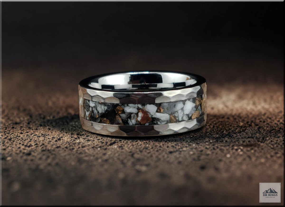 Hammered Tungsten Carbide Ring with White Buffalo Turquoise and Bronze inlay