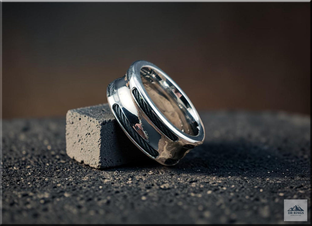 Concave Stainless Steel Ring with Black Stainless Steel Cable Inlays