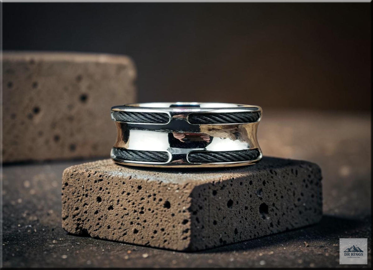Concave Stainless Steel Ring with Black Stainless Steel Cable Inlays