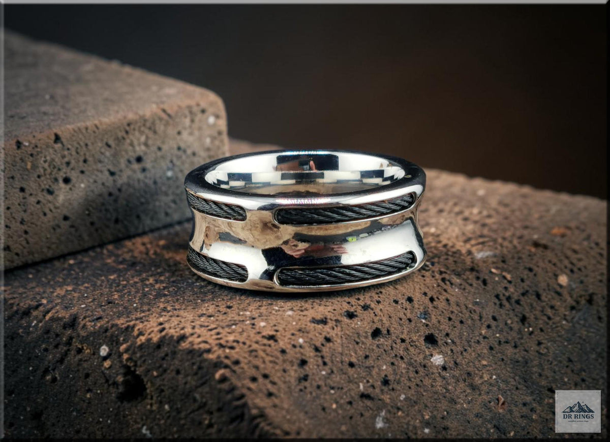 Concave Stainless Steel Ring with Black Stainless Steel Cable Inlays