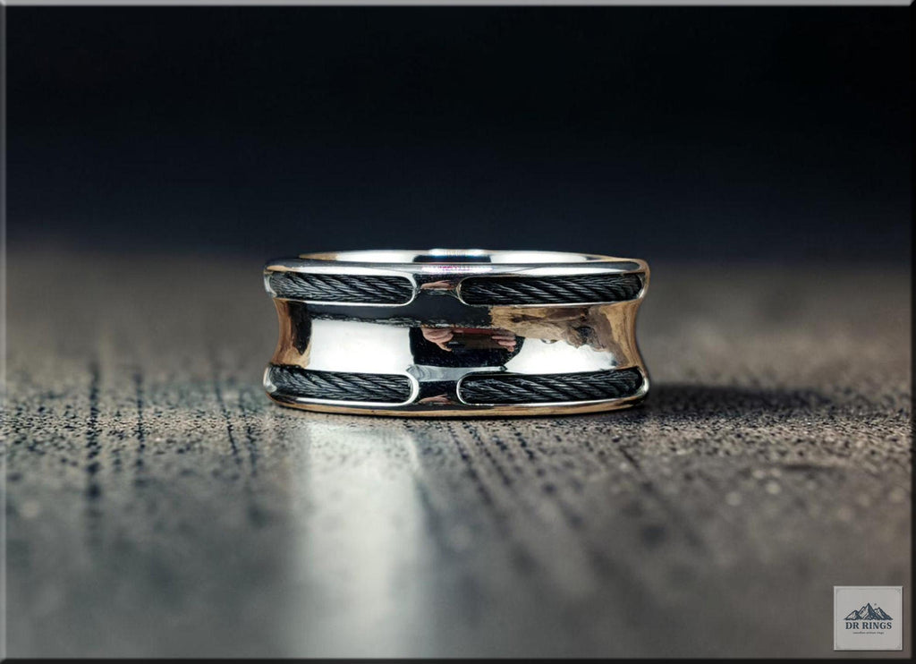 Concave Stainless Steel Ring with Black Stainless Steel Cable Inlays