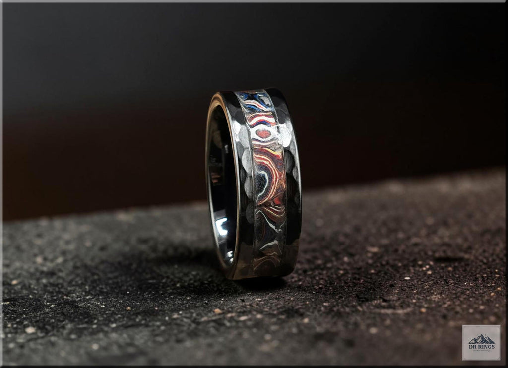 Hammered Black Ceramic Ring with Handset C6 Series Corvette Fordite inlay