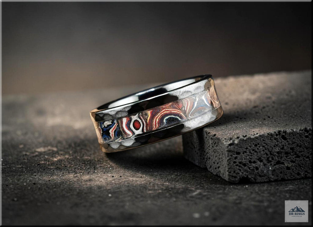 Hammered Black Ceramic Ring with Handset C6 Series Corvette Fordite inlay