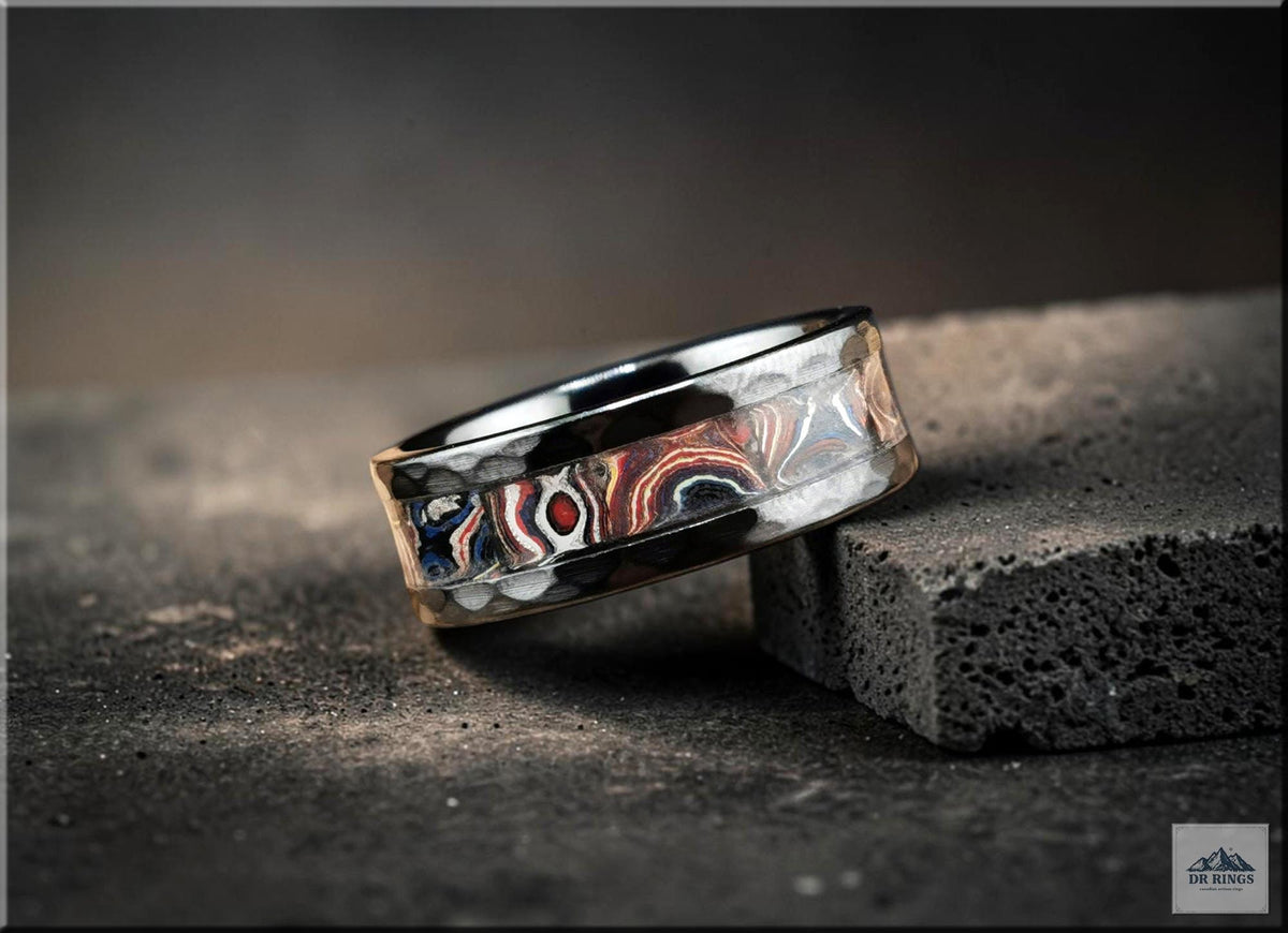 Hammered Black Ceramic Ring with Handset C6 Series Corvette Fordite inlay