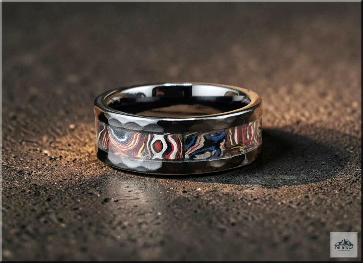 Hammered Black Ceramic Ring with Handset C6 Series Corvette Fordite inlay