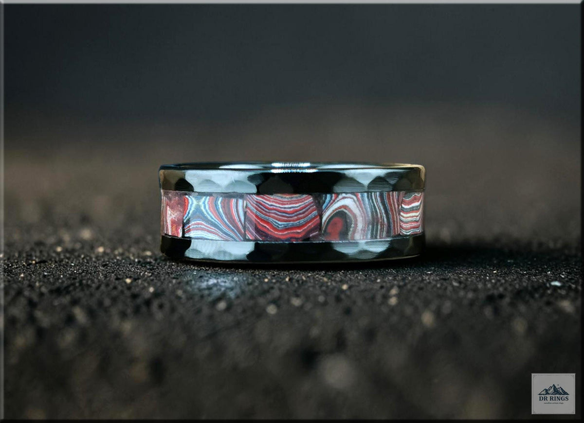 Hammered Black Ceramic Ring with Handset C8 Series Corvette Fordite inlay
