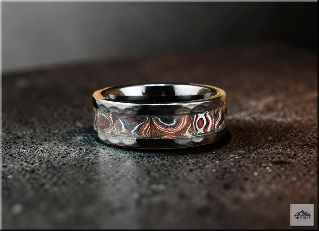 Hammered Black Ceramic Ring with Handset C6 Series Corvette Fordite inlay