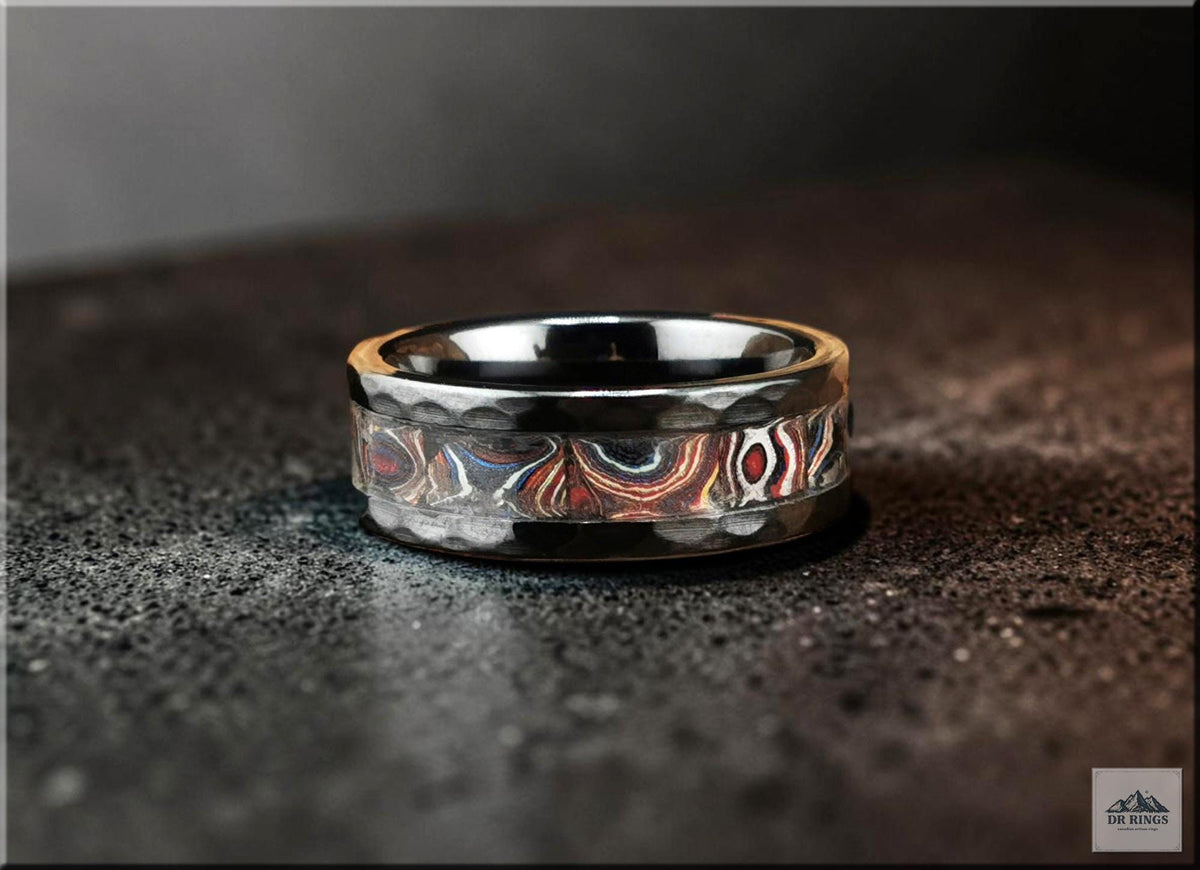 Hammered Black Ceramic Ring with Handset C6 Series Corvette Fordite inlay