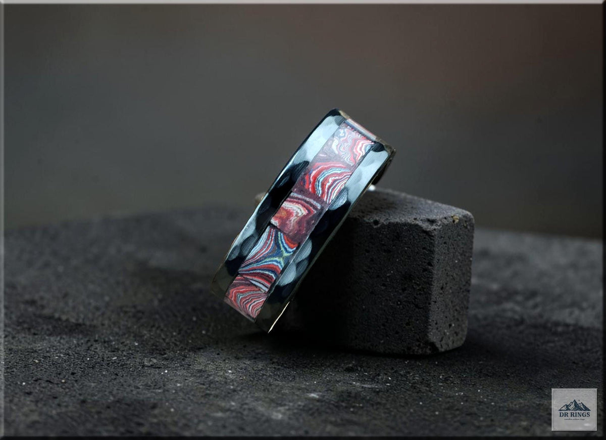 Hammered Black Ceramic Ring with Handset C8 Series Corvette Fordite inlay