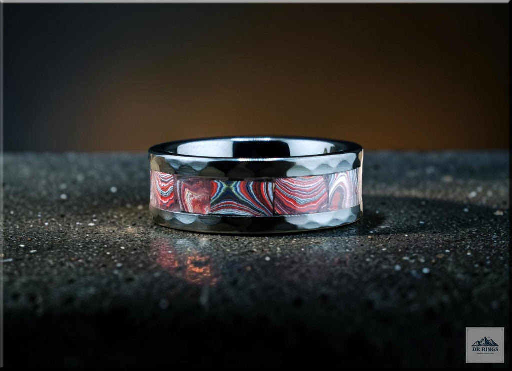 Hammered Black Ceramic Ring with Handset C8 Series Corvette Fordite inlay