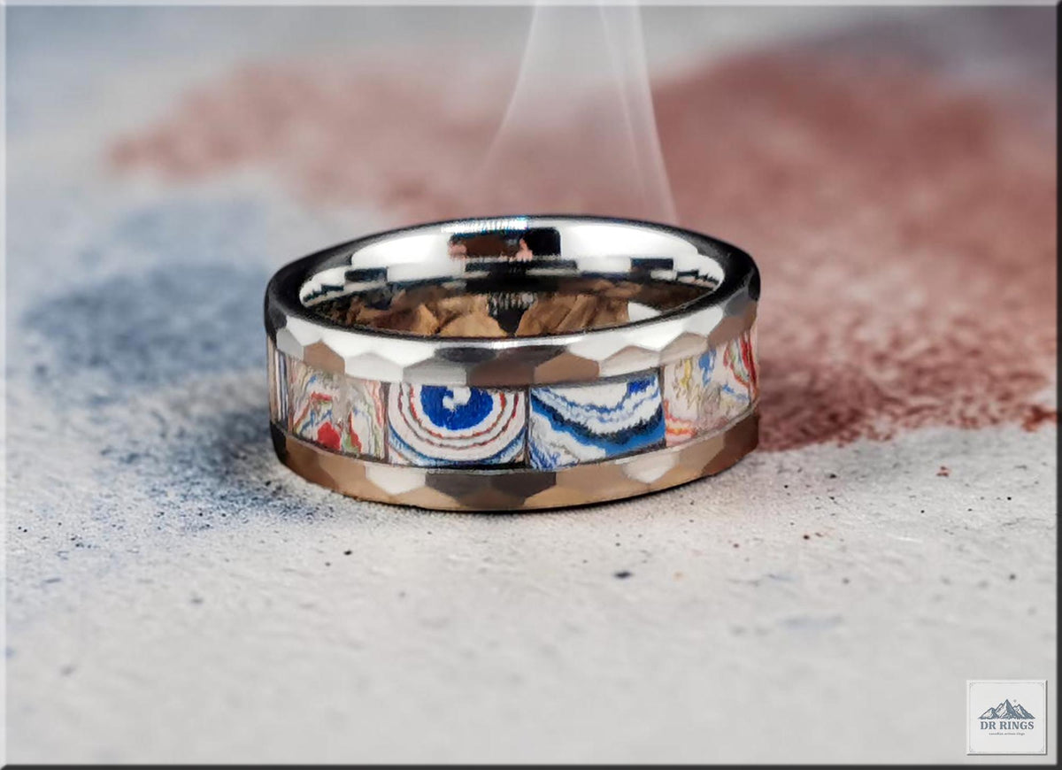 Hammered Tungsten Carbide Ring with inlaid Kenworth Truck Fordite