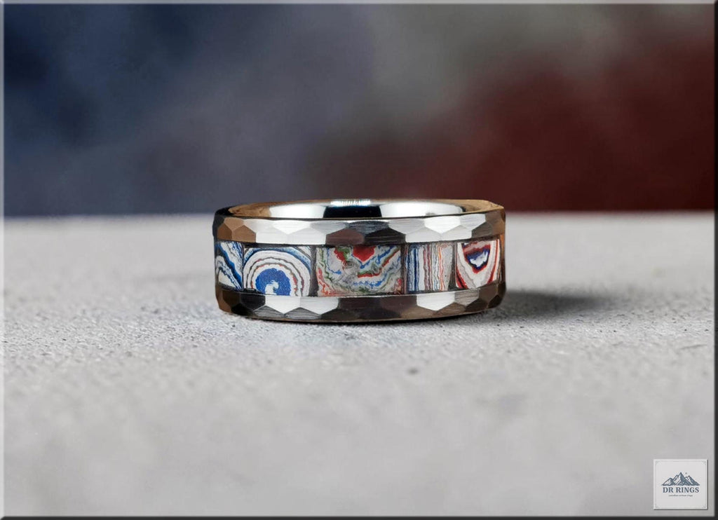 Hammered Tungsten Carbide Ring with inlaid Kenworth Truck Fordite
