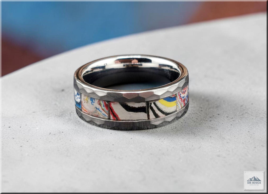 Hammered Tungsten Carbide Ring with inlaid Kenworth Truck Fordite