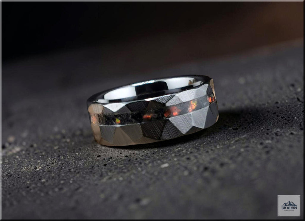 Hammered Black Ceramic Ring: Offset Tourmaline and Opal Inlay