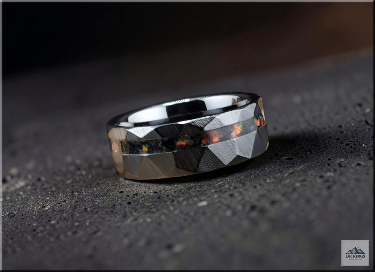 Hammered Black Ceramic Ring: Offset Tourmaline and Opal Inlay