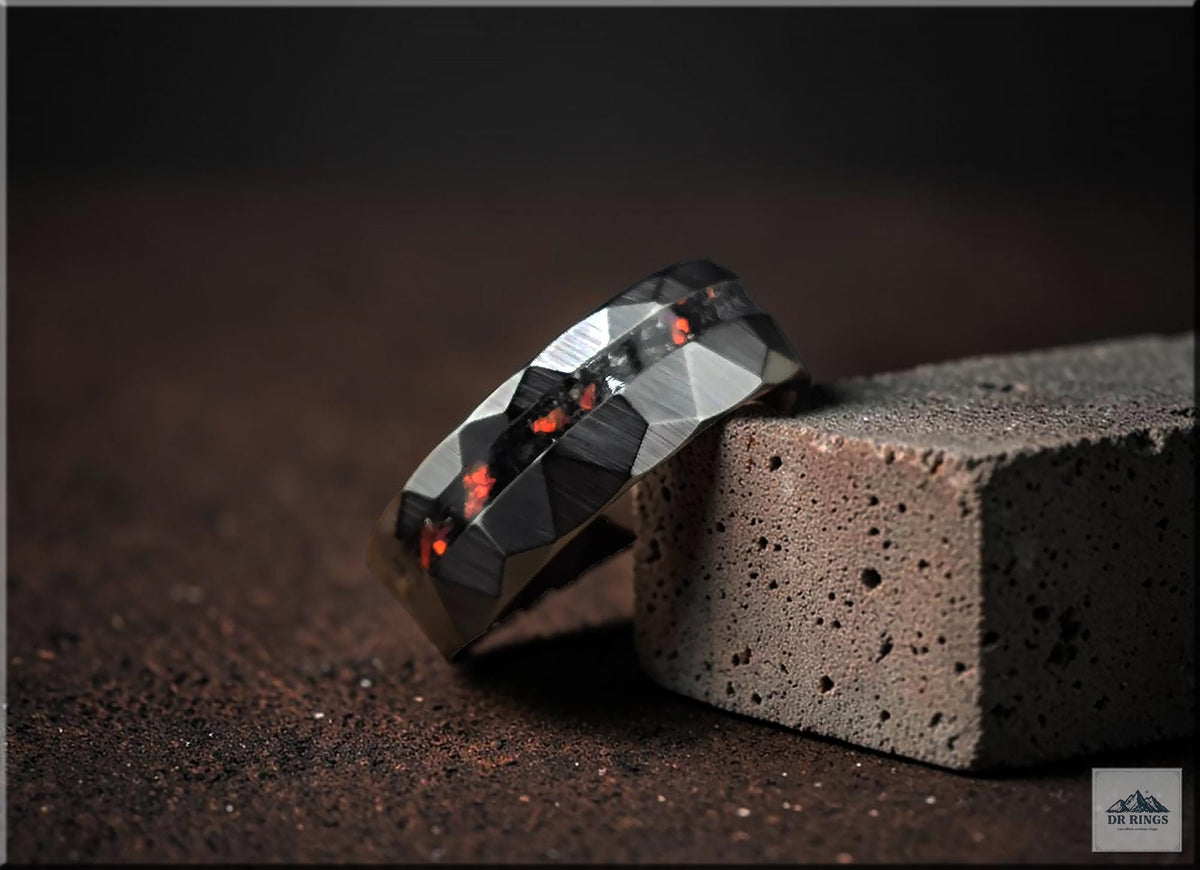 Hammered Black Ceramic Ring: Offset Tourmaline and Opal Inlay
