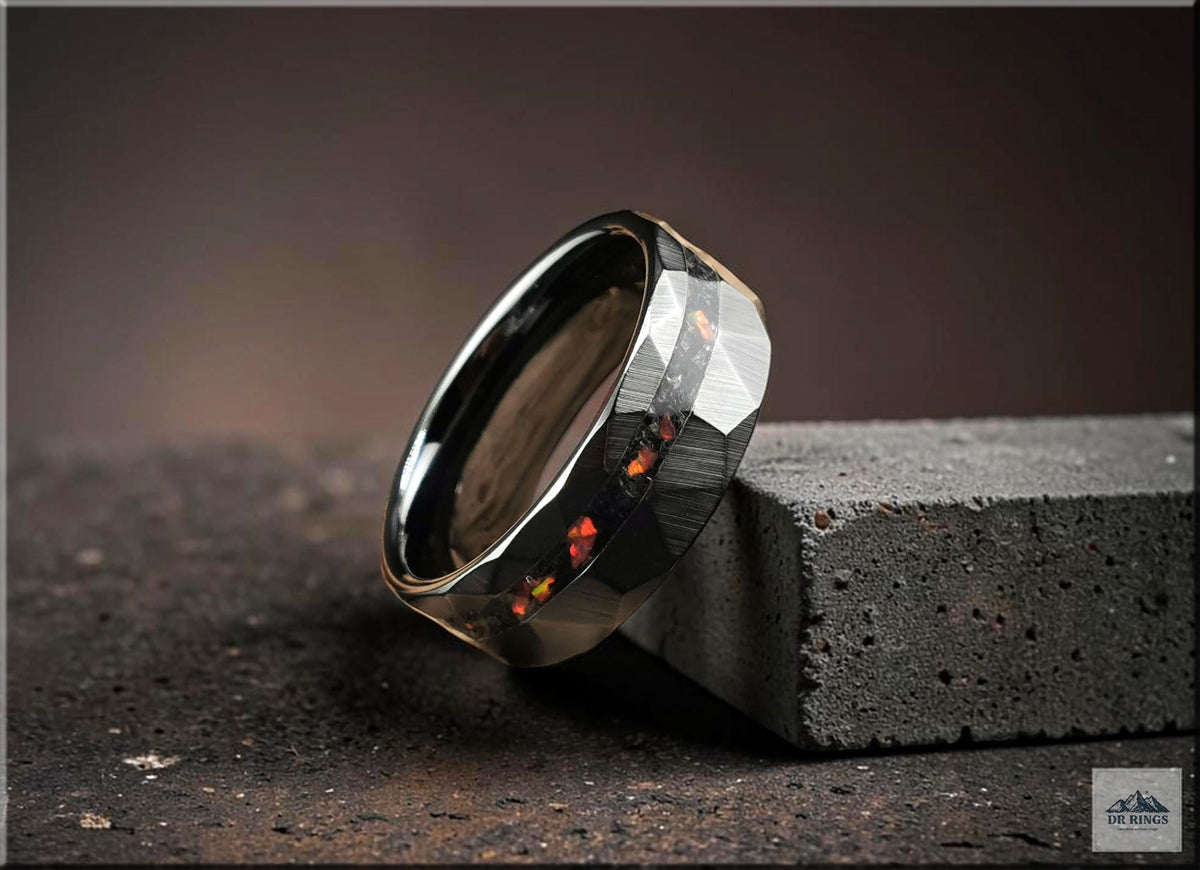 Hammered Black Ceramic Ring: Offset Tourmaline and Opal Inlay