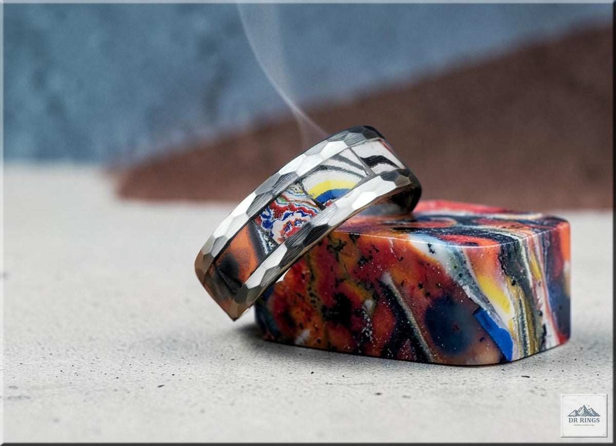 Hammered Tungsten Carbide Ring with inlaid Kenworth Truck Fordite