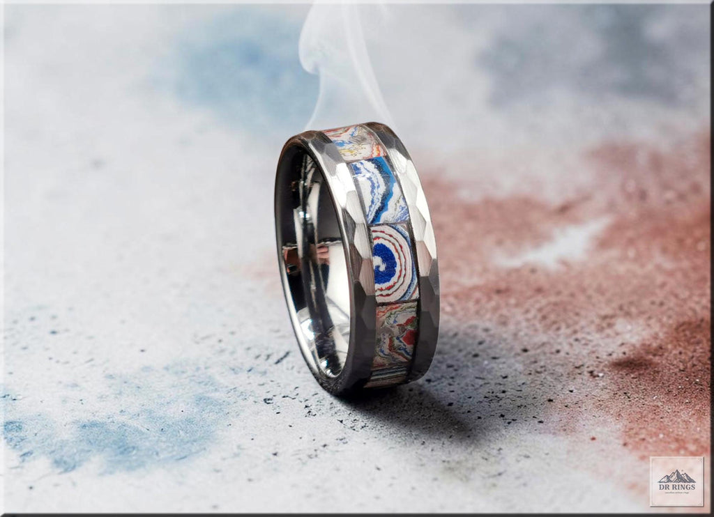 Hammered Tungsten Carbide Ring with inlaid Kenworth Truck Fordite
