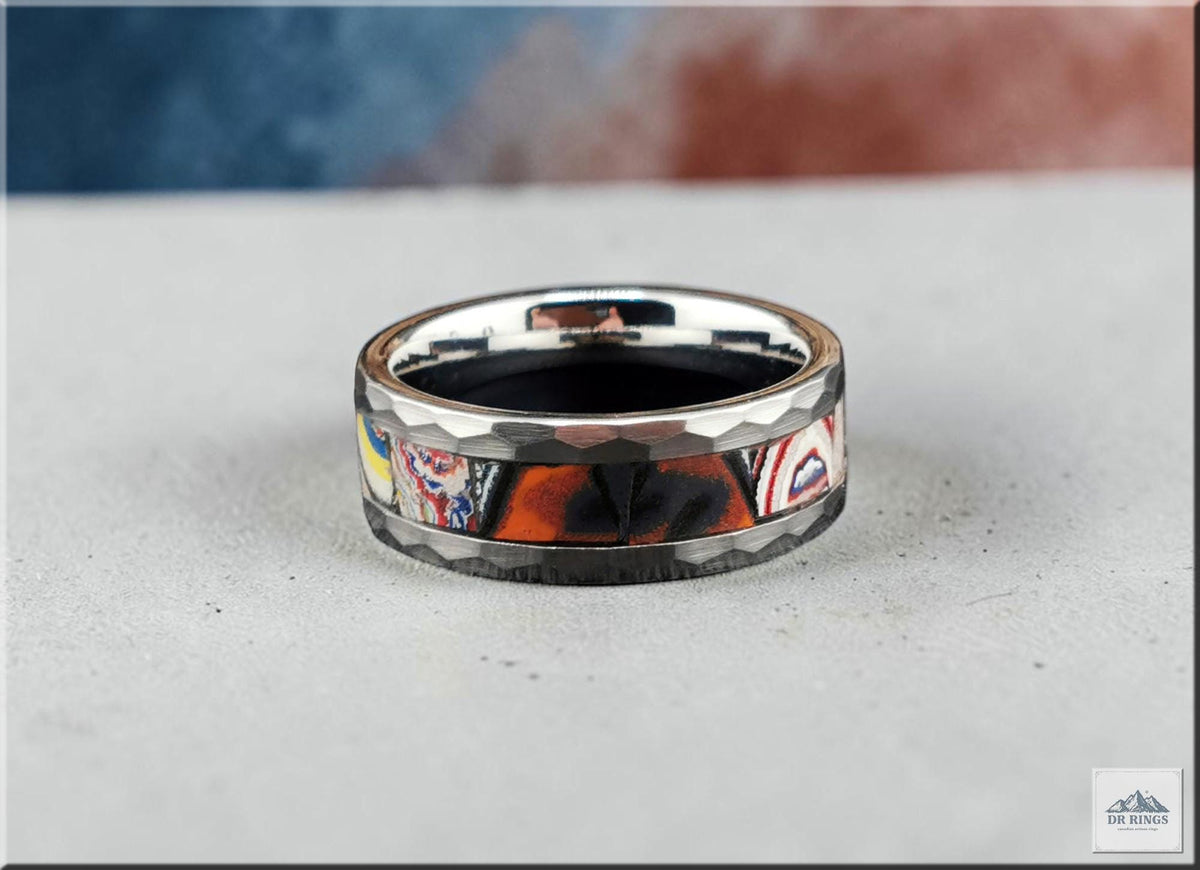 Hammered Tungsten Carbide Ring with inlaid Kenworth Truck Fordite