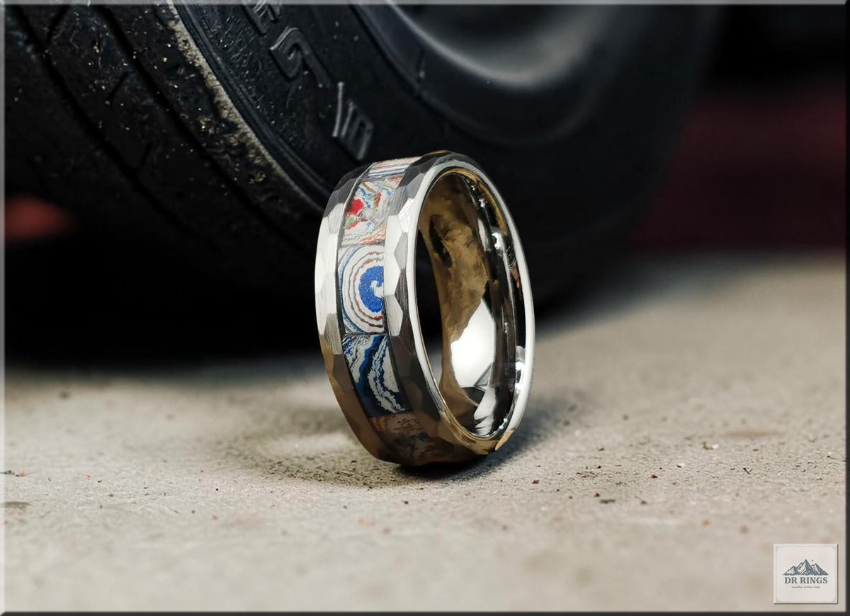 Hammered Tungsten Carbide Ring with inlaid Kenworth Truck Fordite