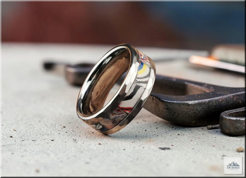 Hammered Tungsten Carbide Ring with inlaid Kenworth Truck Fordite