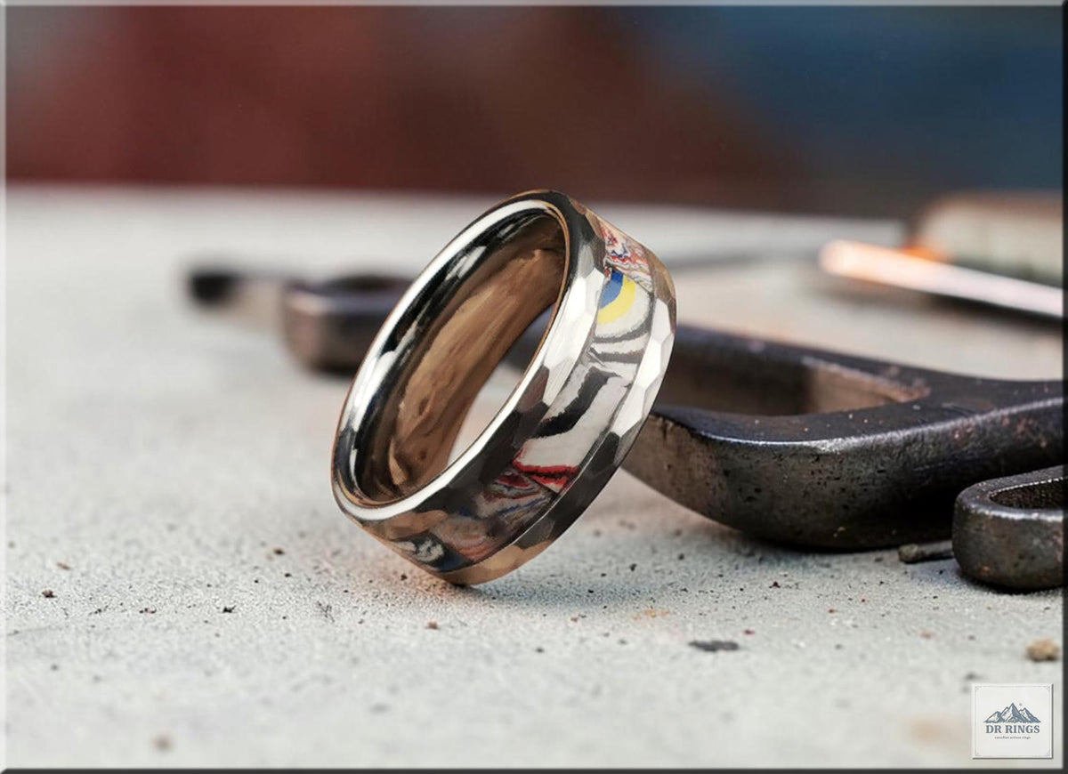 Hammered Tungsten Carbide Ring with inlaid Kenworth Truck Fordite