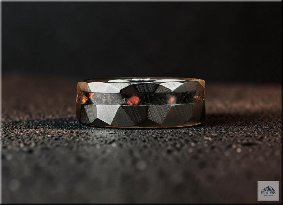 Hammered Black Ceramic Ring: Offset Tourmaline and Opal Inlay