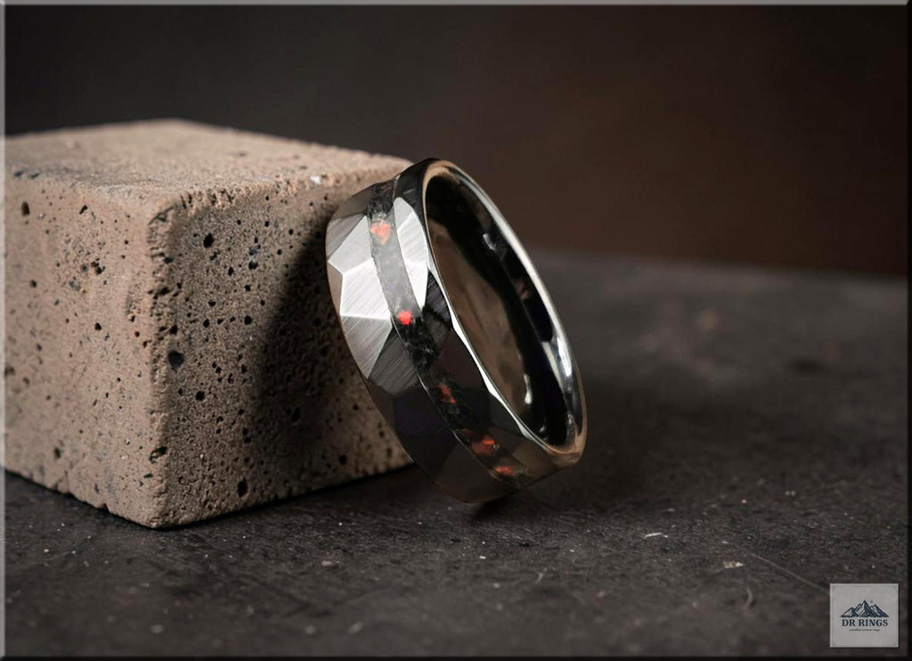 Hammered Black Ceramic Ring: Offset Tourmaline and Opal Inlay