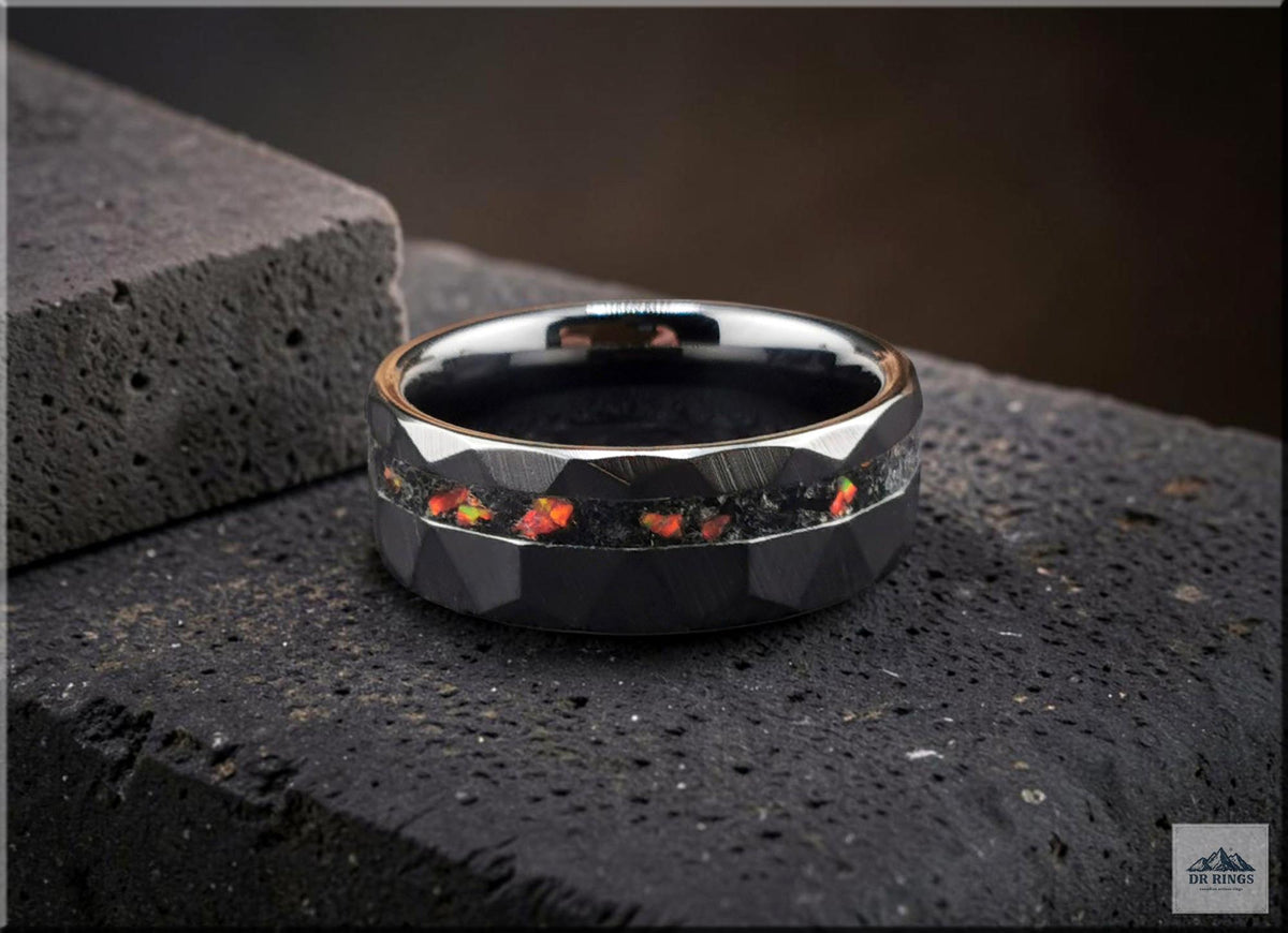Hammered Black Ceramic Ring: Offset Tourmaline and Opal Inlay