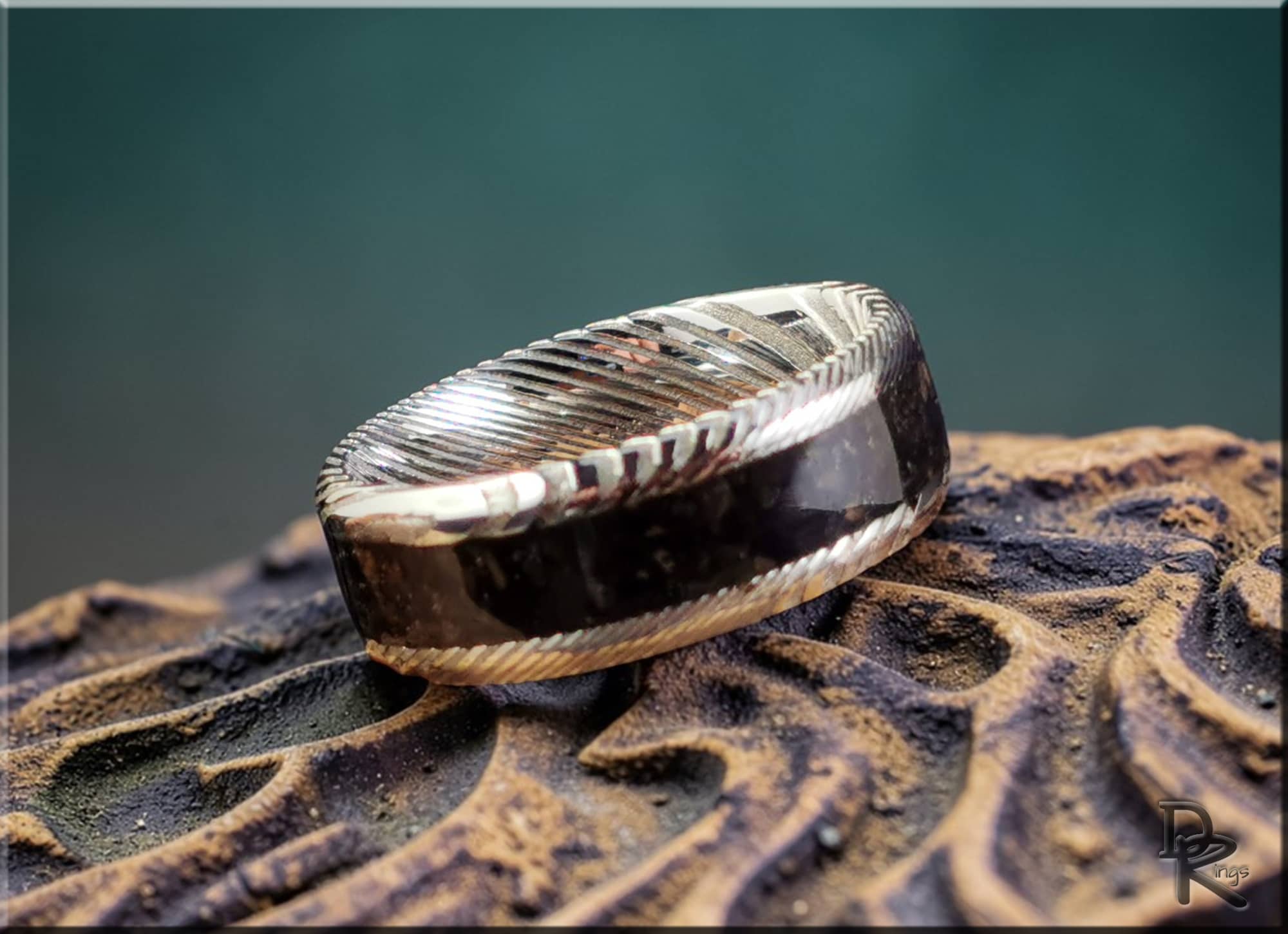 Damascus Steel Ring with Genuine KT Boundary inlay