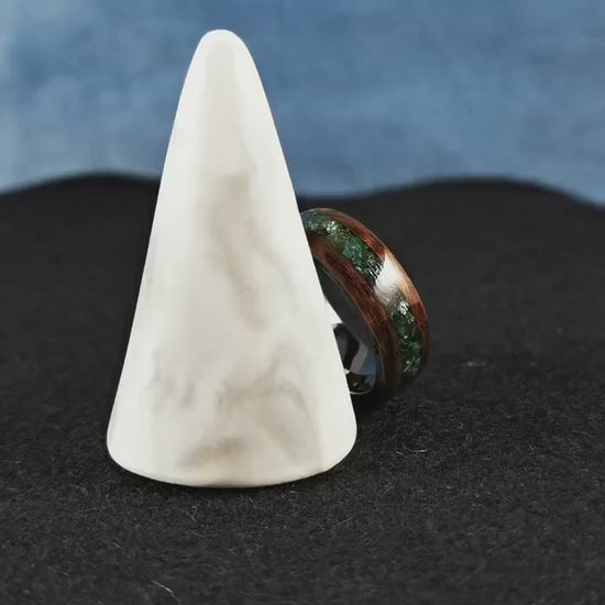 Bentwood Ring - Smoked Etimoe w/Green Mica inlay, on polished Black Ceramic ring core - Wood Ring