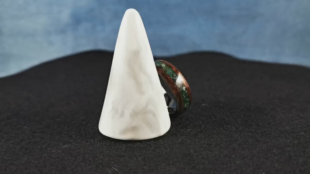 Bentwood Ring - Smoked Etimoe w/Green Mica inlay, on polished Black Ceramic ring core - Wood Ring