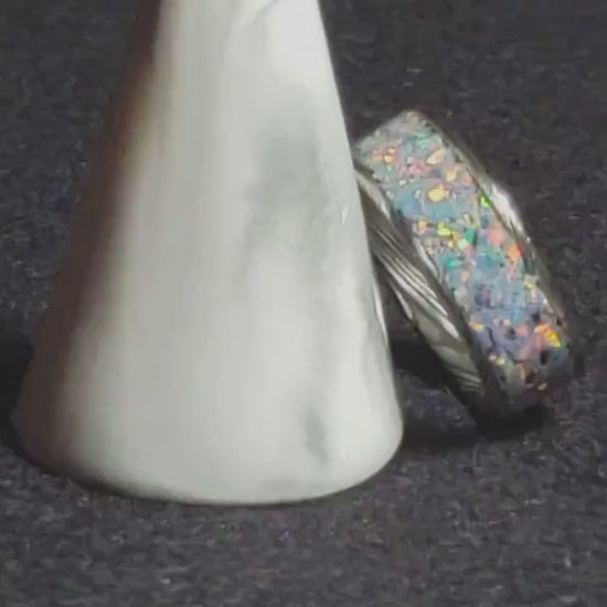 Blackened Damascus Steel Channel Ring w/Opal inlay - metal ring