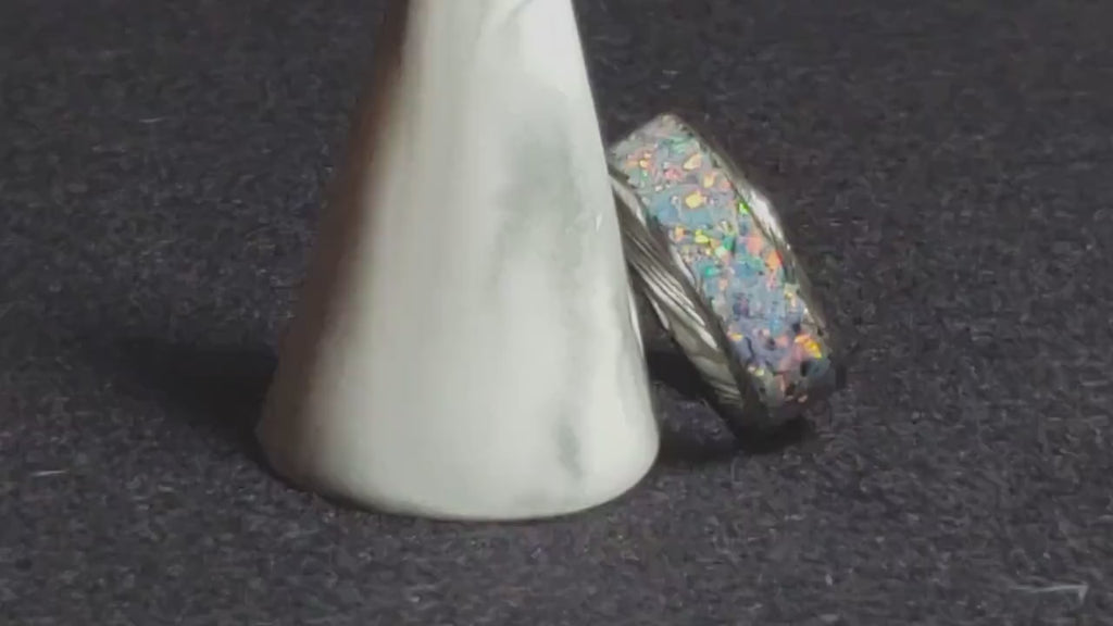 Blackened Damascus Steel Channel Ring w/Opal inlay - metal ring