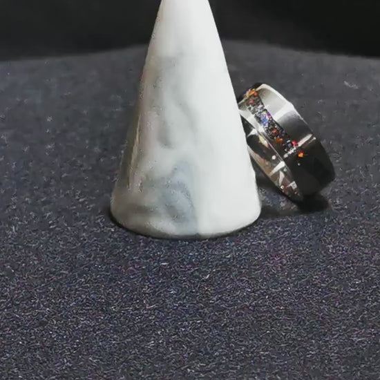 Titanium Wave 8mm Channel Ring w/Meteorite and Multi-Opal and Glow inlay - metal glow ring