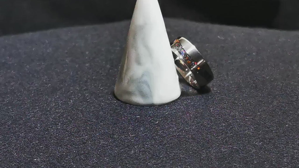 Titanium Wave 8mm Channel Ring w/Meteorite and Multi-Opal and Glow inlay - metal glow ring