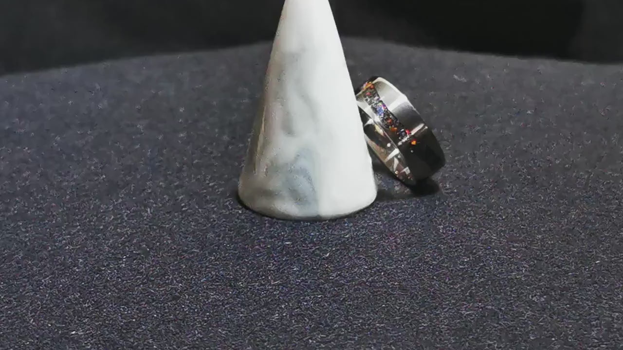 Titanium Wave 8mm Channel Ring w/Meteorite and Multi-Opal and Glow inlay - metal glow ring